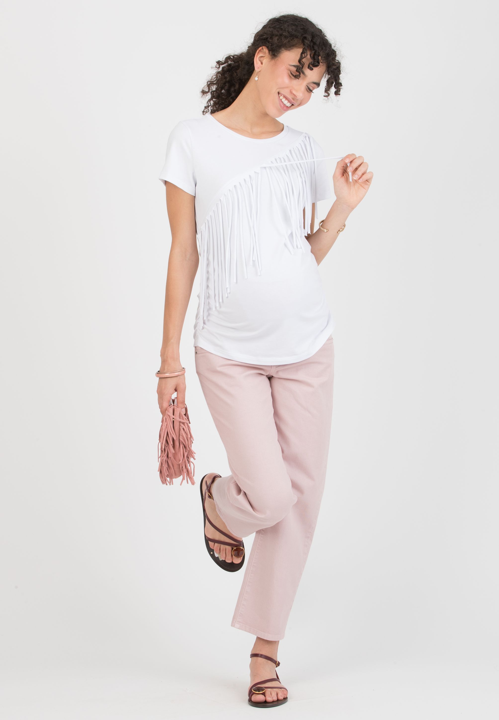 ARYNA - T-shirt Premaman in Cotone con Frange (Bianco Ottico, XS)