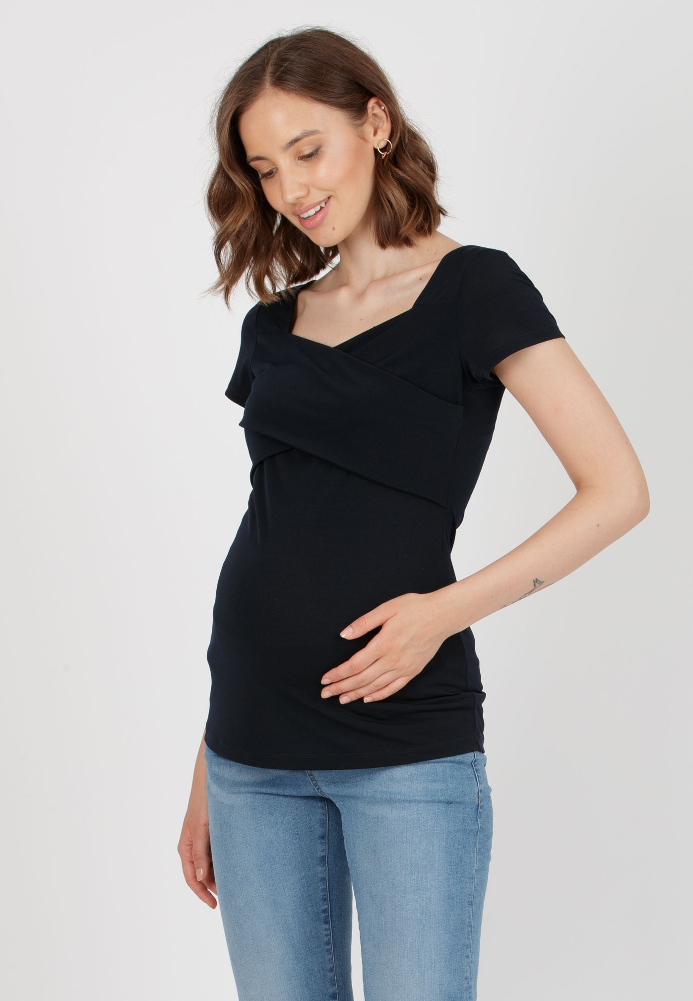 ESTELLE M - Maternity & Nursing Top with Bands on Bodice (Blue, XS)