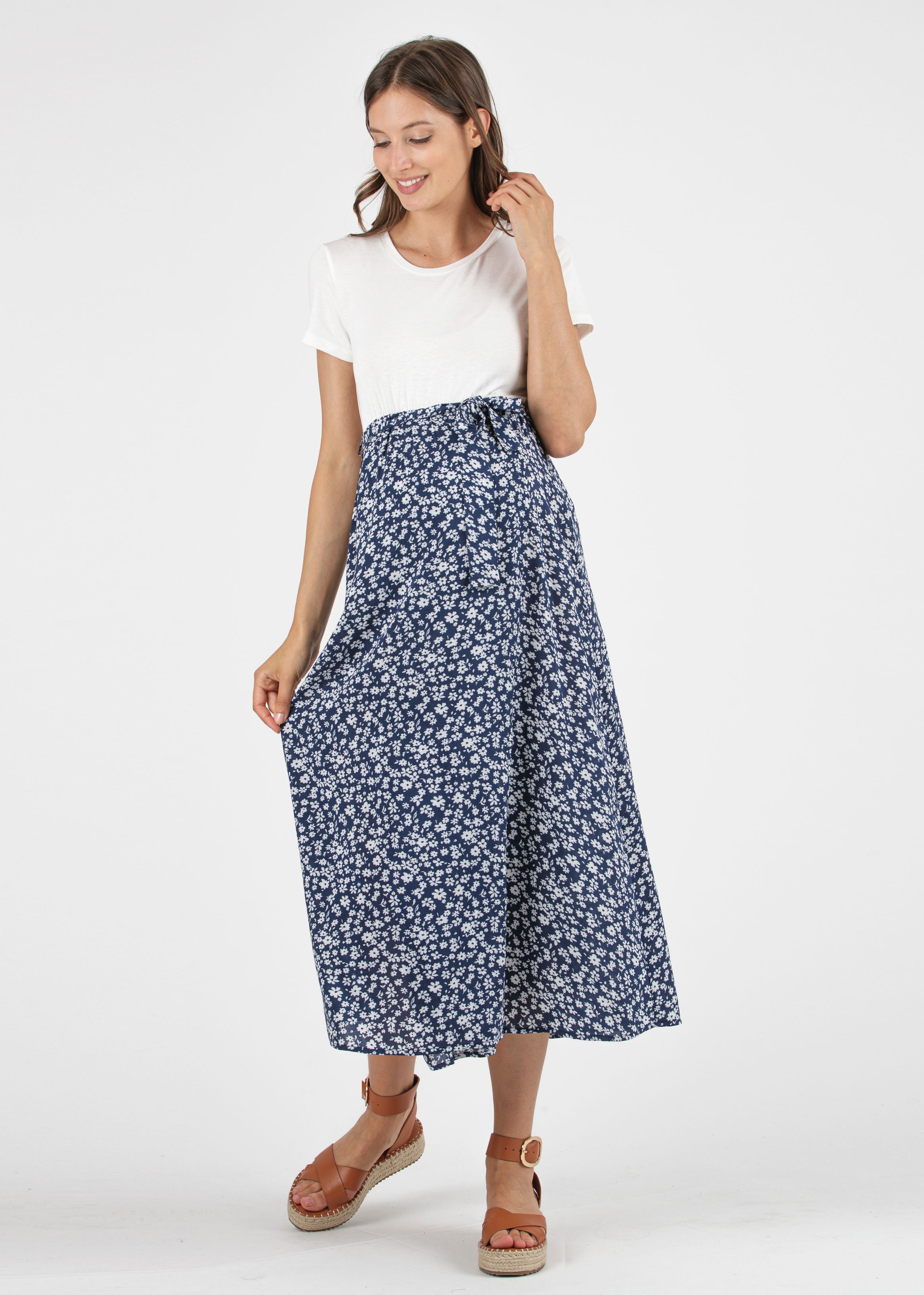 Midi Maternity Dress with Floral Printed Wraparound Skirt (Blue, XS)
