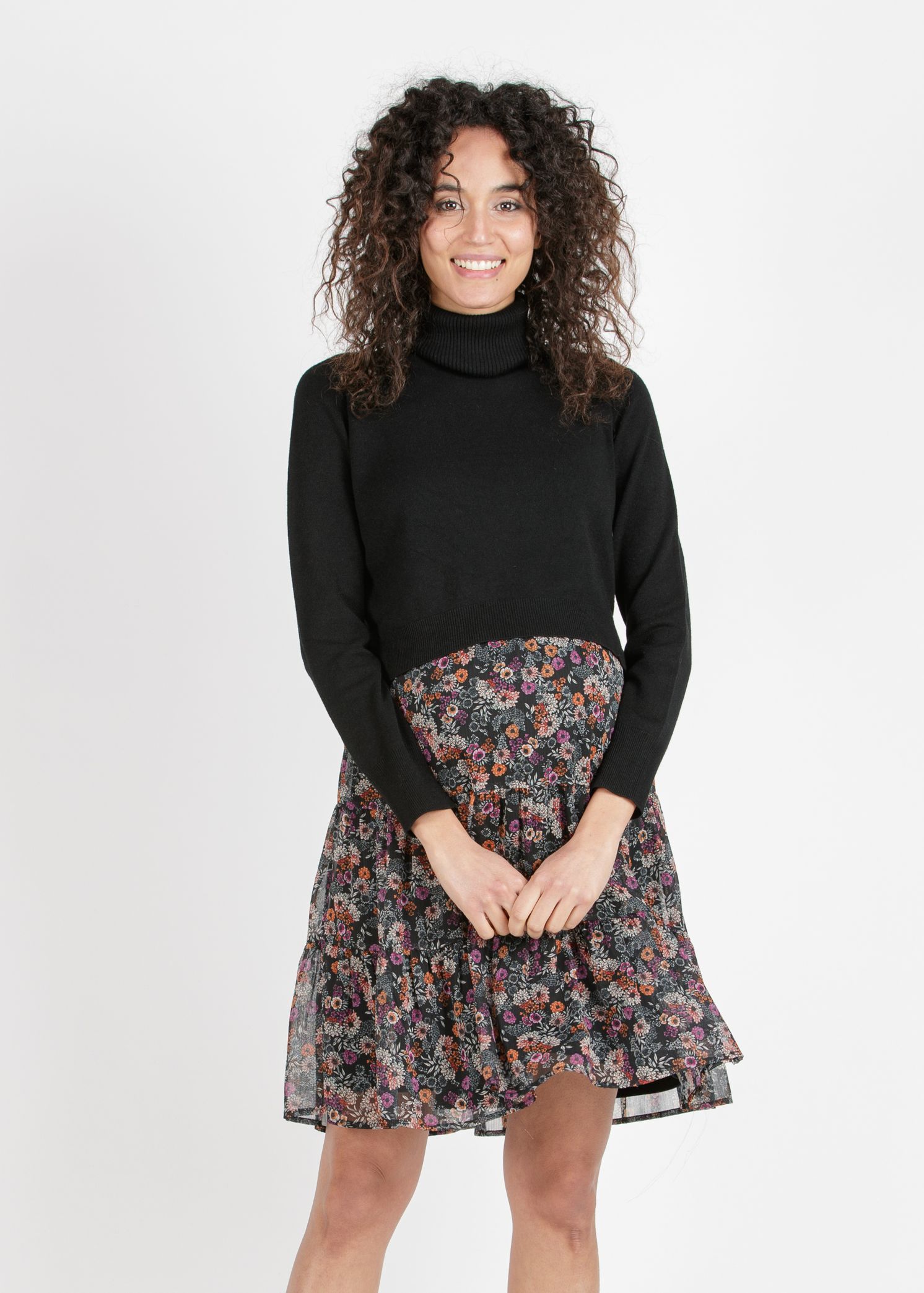 KELLY - Abito Premaman & Allattamento con Stampa Floreale e Maglioncino Abbinato (Nero, XS)