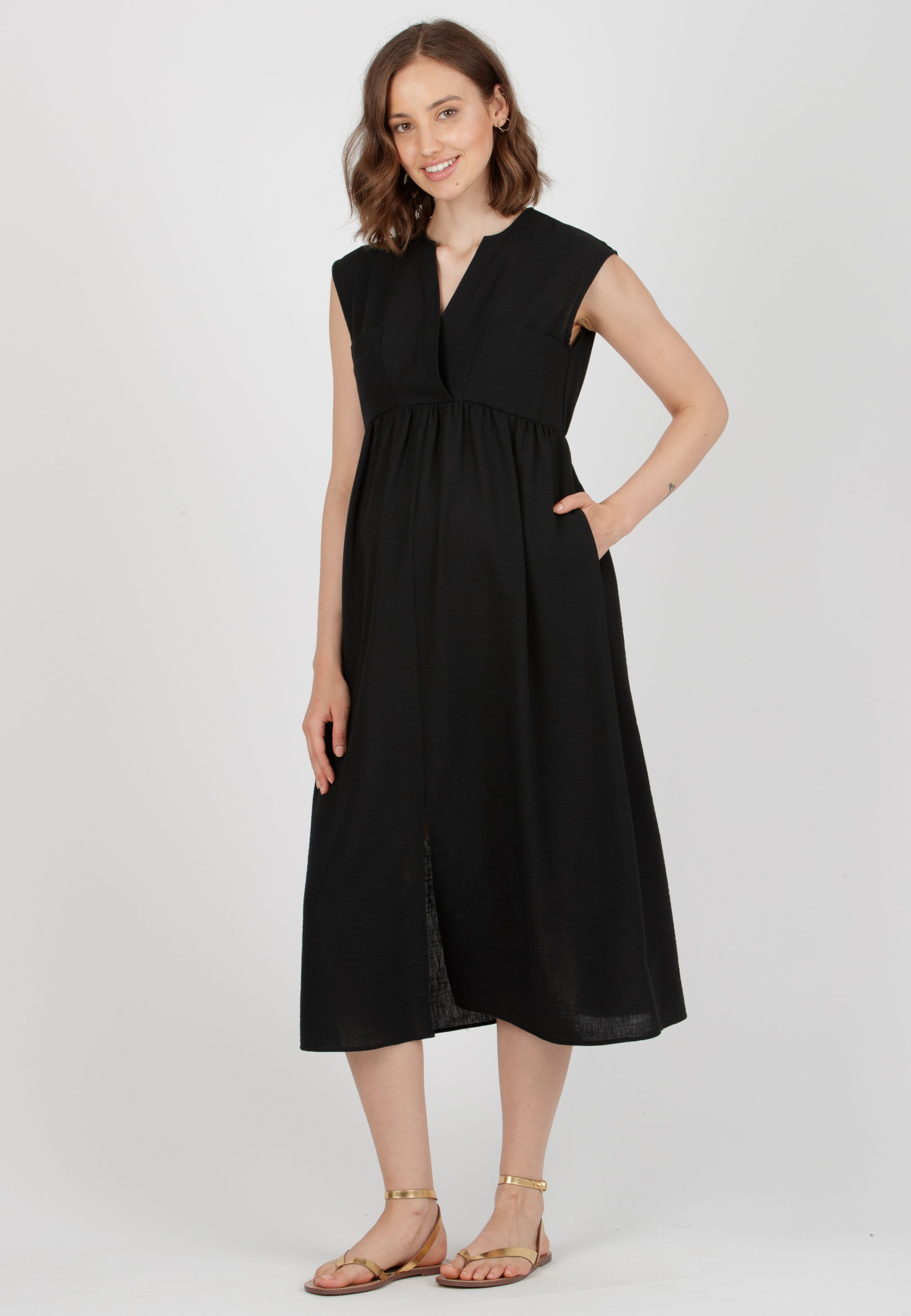 HARPER MIDI - Abito Premaman & Allattamento con Tasche sul Corpino (Nero, XS)