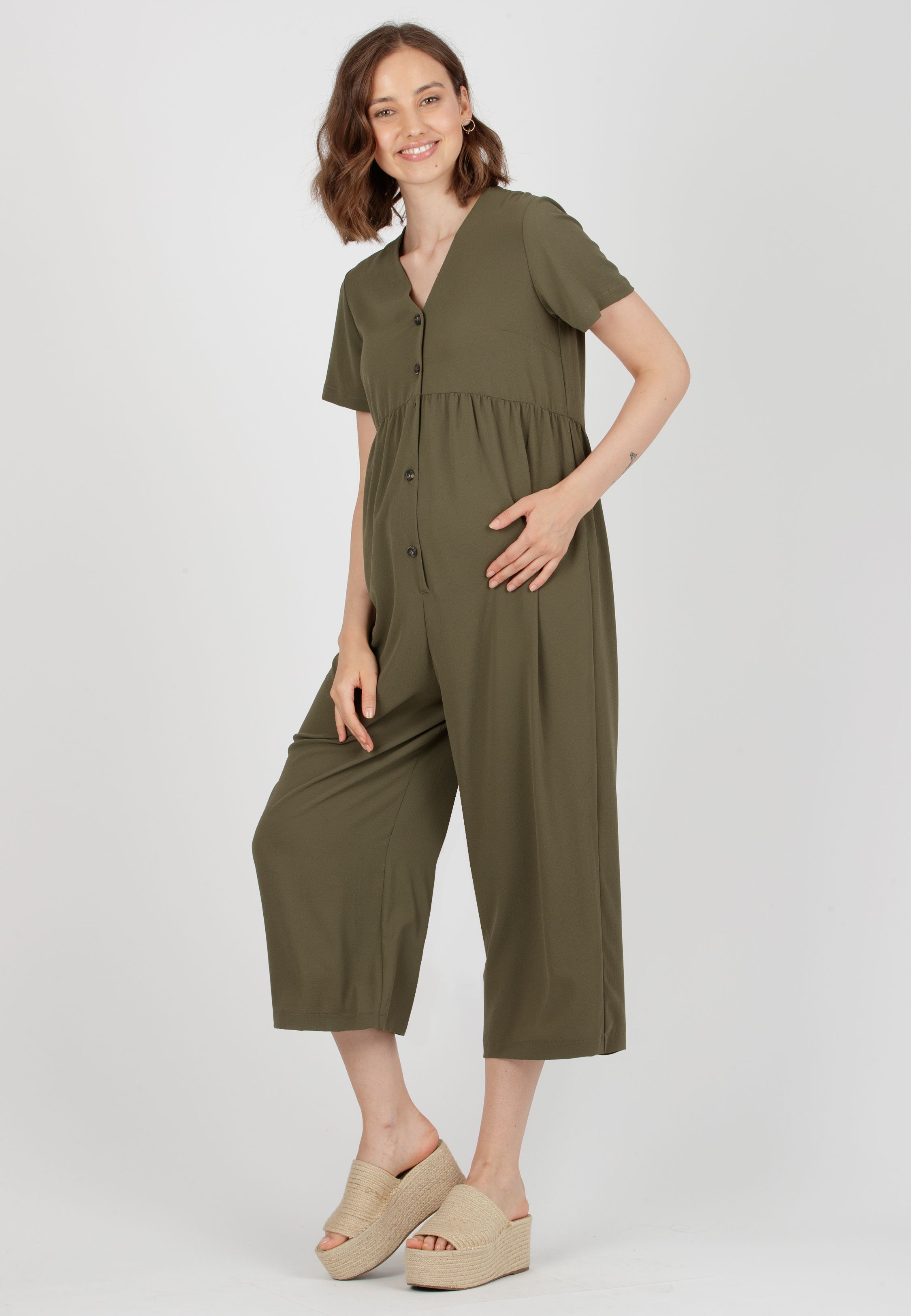 VIVIENNE - Tuta Premaman in Crepe con Bottoni Frontali (Verde Kaki, XS)