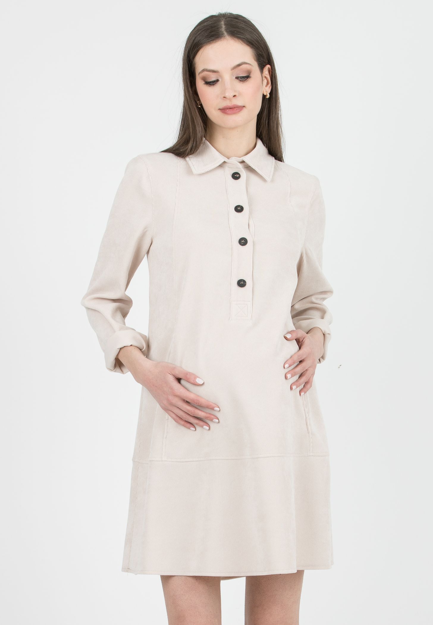 GRETA – Abito Camicia Premaman & Allattamento in Velluto (Naturale)