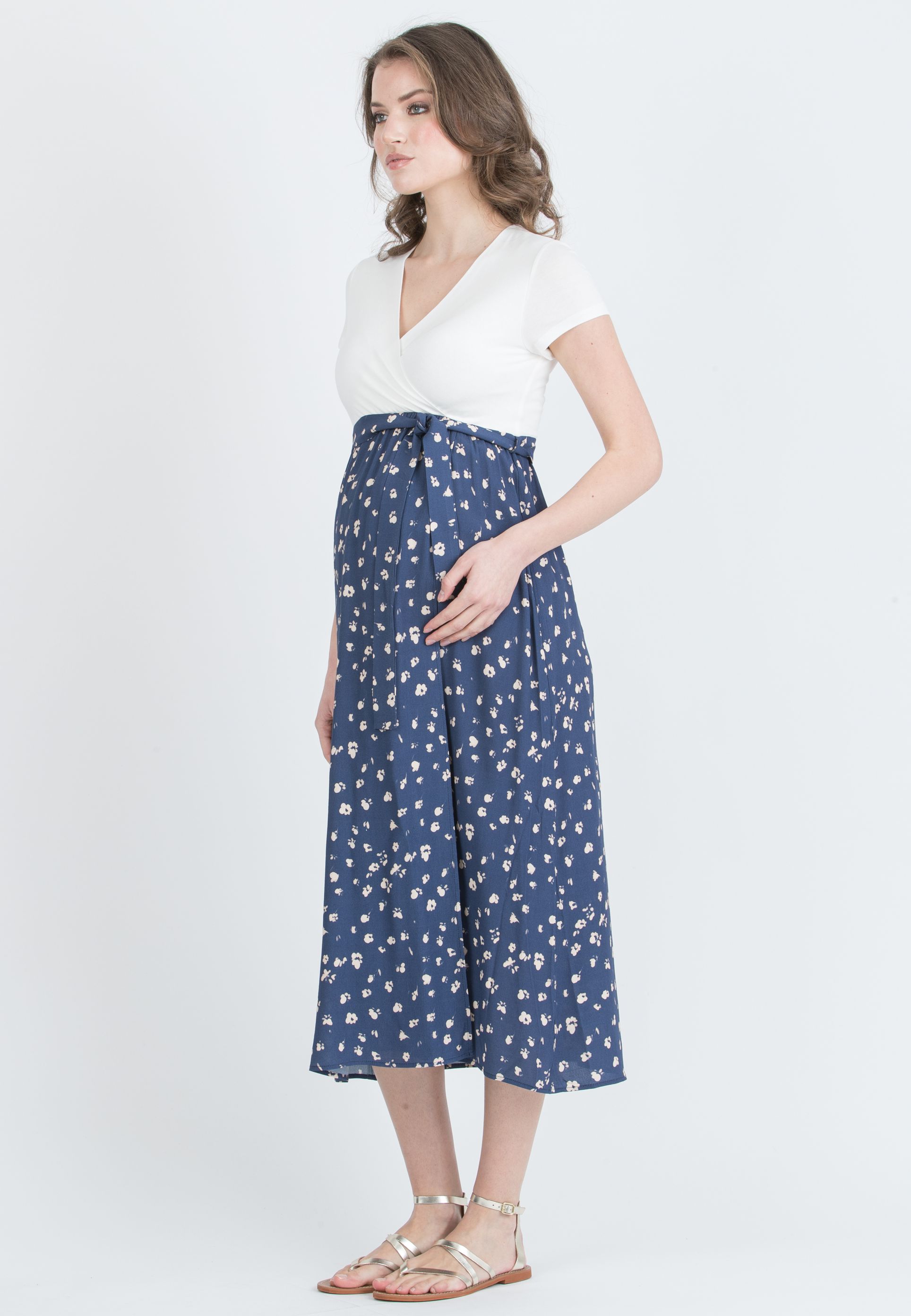 FEDERICA - Abito Midi Premaman con Scollo Incrociato e Gonna a Portafoglio in Viscosa (Blu, XS)