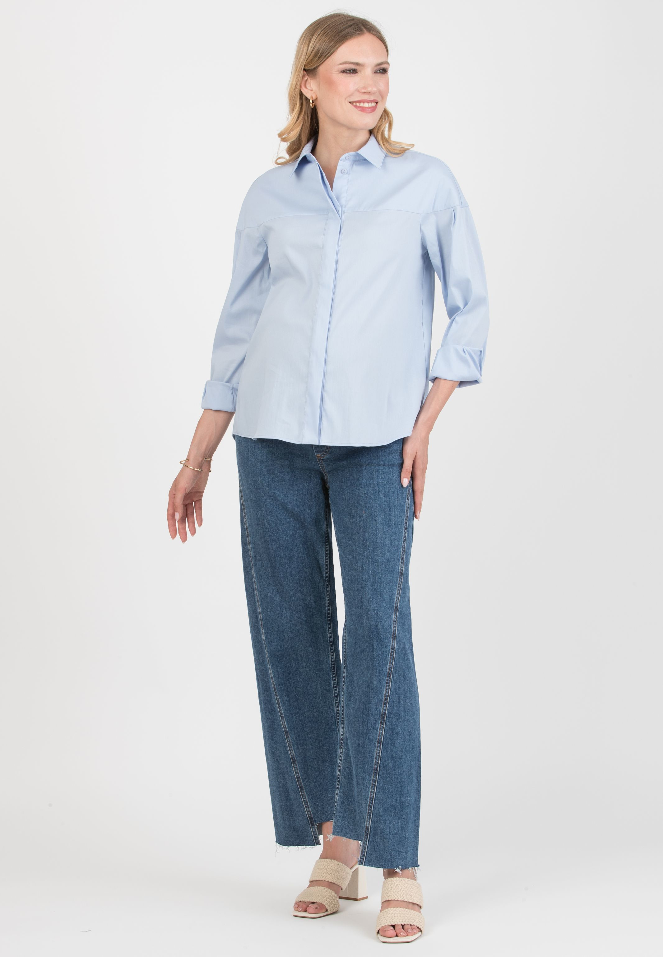 CAROLINA – Camicia Premaman & Allattamento in Cotone Elasticizzato con Carrè e Polsini (Azzurro)