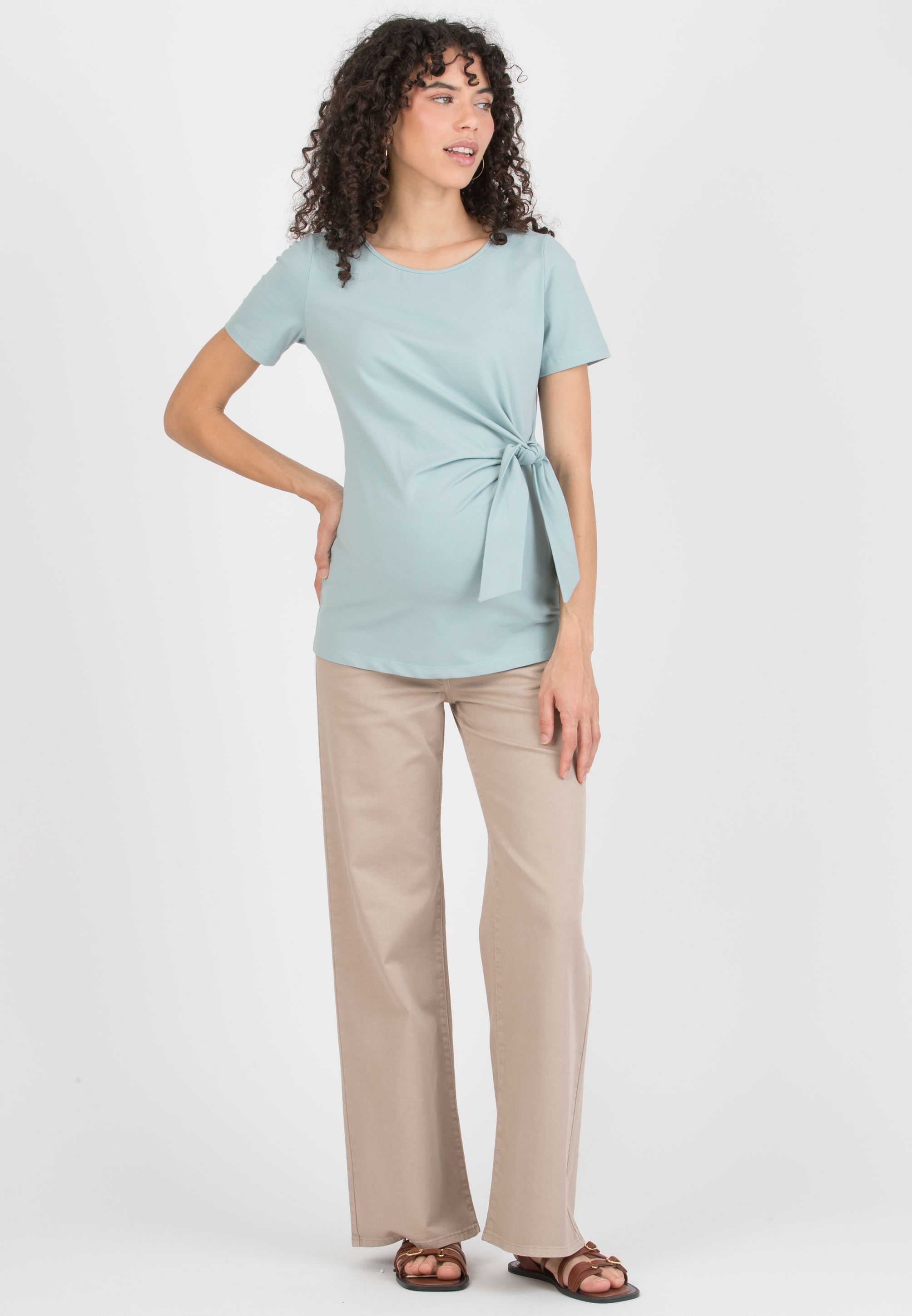 KAREN M - Maternity Cotton Jersey T-Shirt with Side Knot (Sage Green, XS)