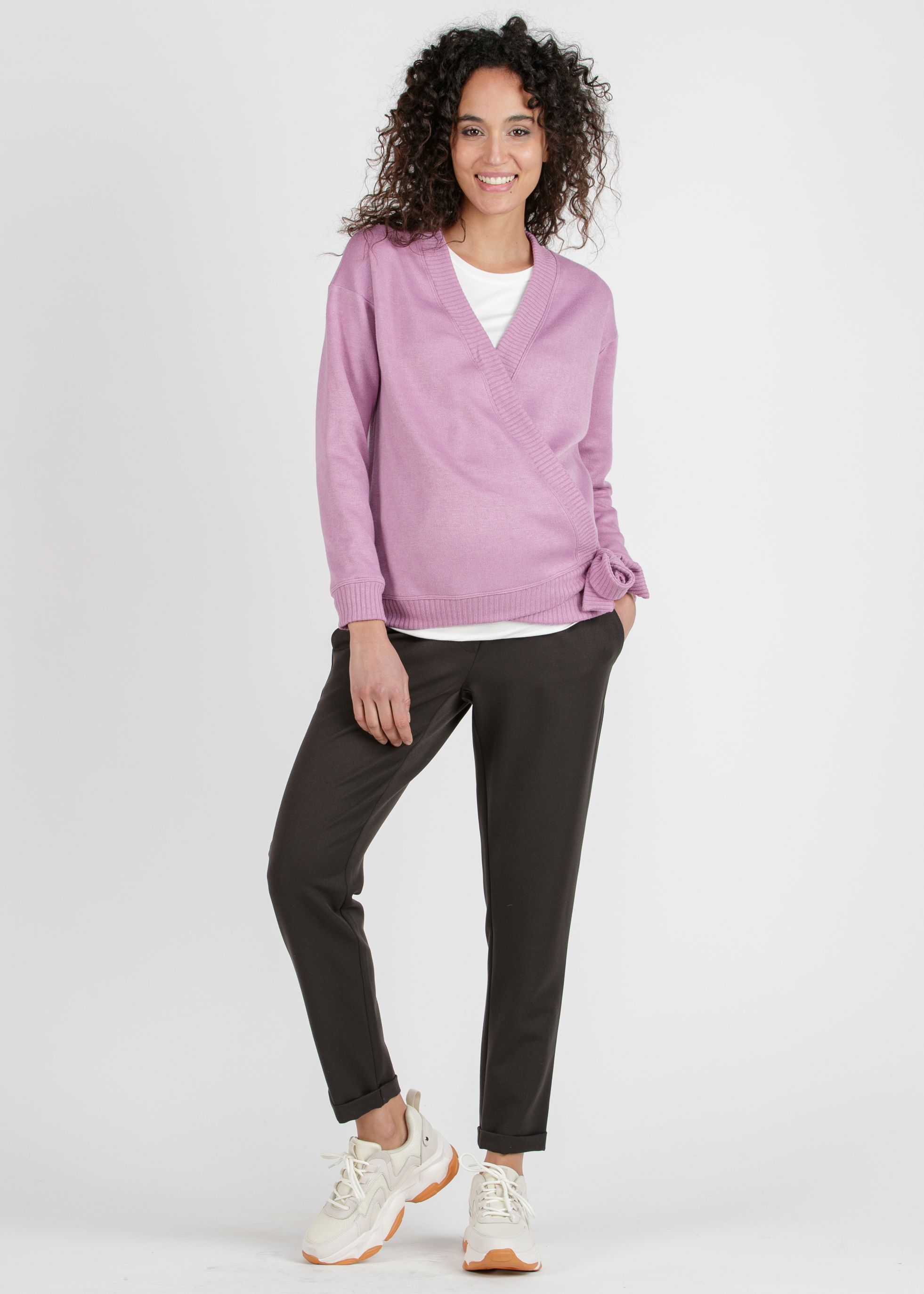 CARMEN - Cardigan Premaman Incrociato in Filato Misto Viscosa (Glicine, XS)