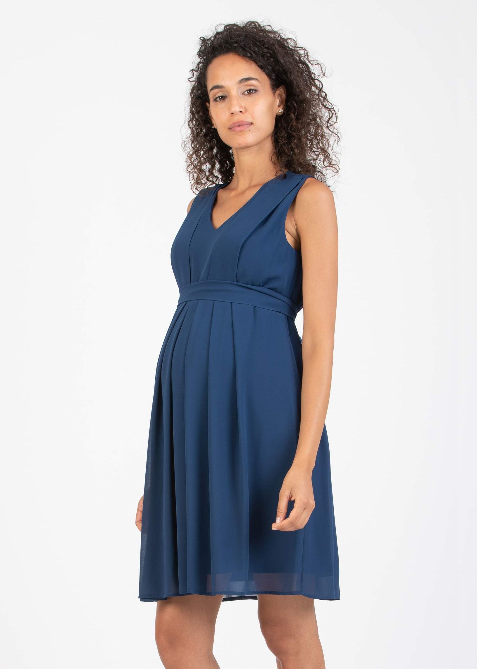 SABRY GRS - Recycled Polyester Maternity & Nursing Dress with Pleated Bodice (Blue, XS)