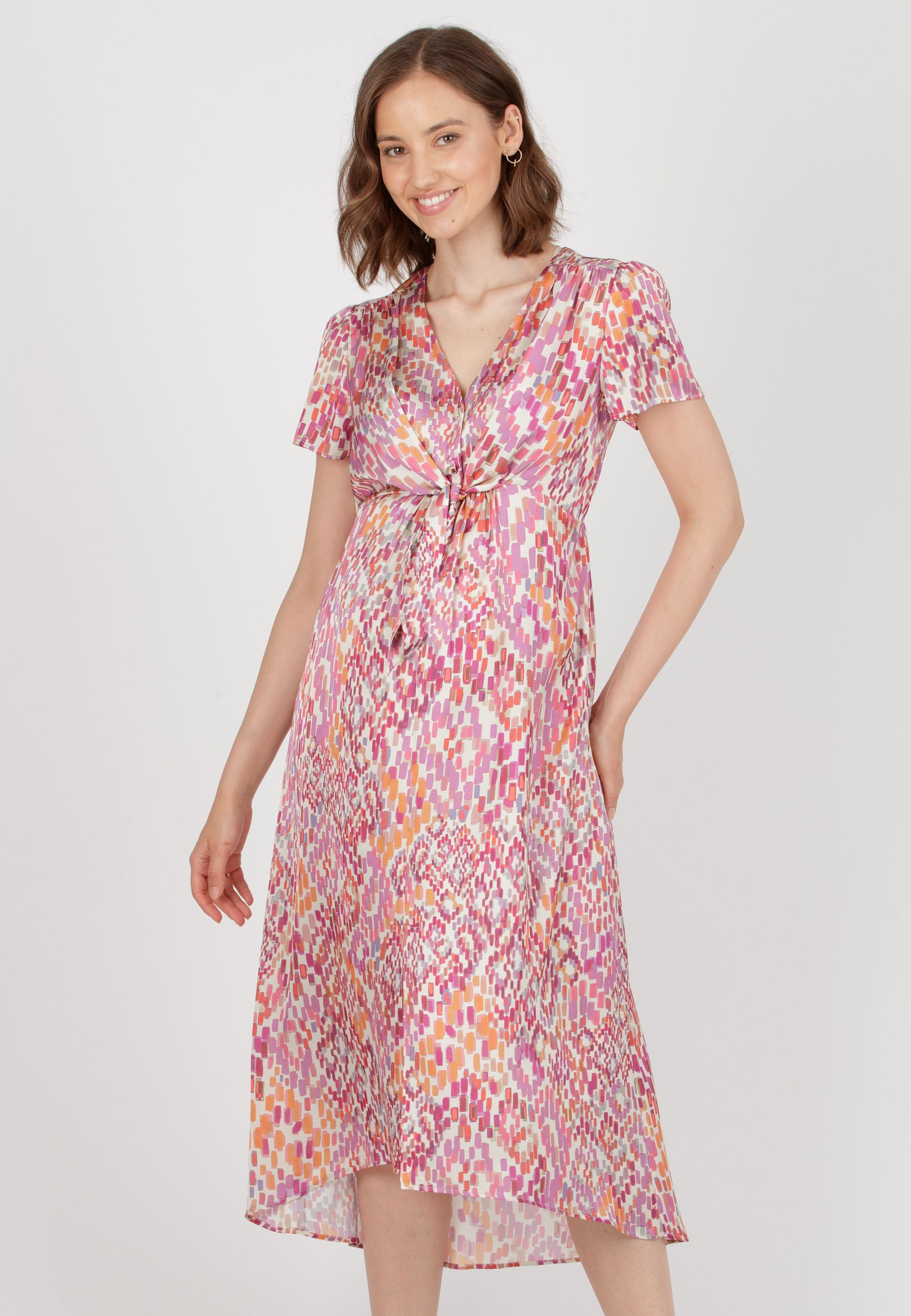 BELEN M/M - Abito Premaman & Allattamento in Raso Stampato con Corpino Annodato (Rosa Confetto, XS)